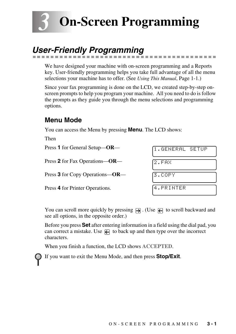 3 on-screen programming, User-friendly programming, Menu mode | On-screen programming -1, User-friendly programming -1, Menu mode -1, On-screen programming | Brother MFC-8500 User Manual | Page 43 / 234
