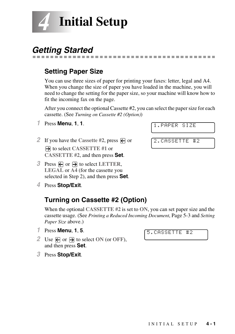 4 initial setup, Getting started, Setting paper size | Turning on cassette #2 (option), Initial setup -1, Getting started -1, Initial setup | Brother MFC-8500 User Manual | Page 49 / 234