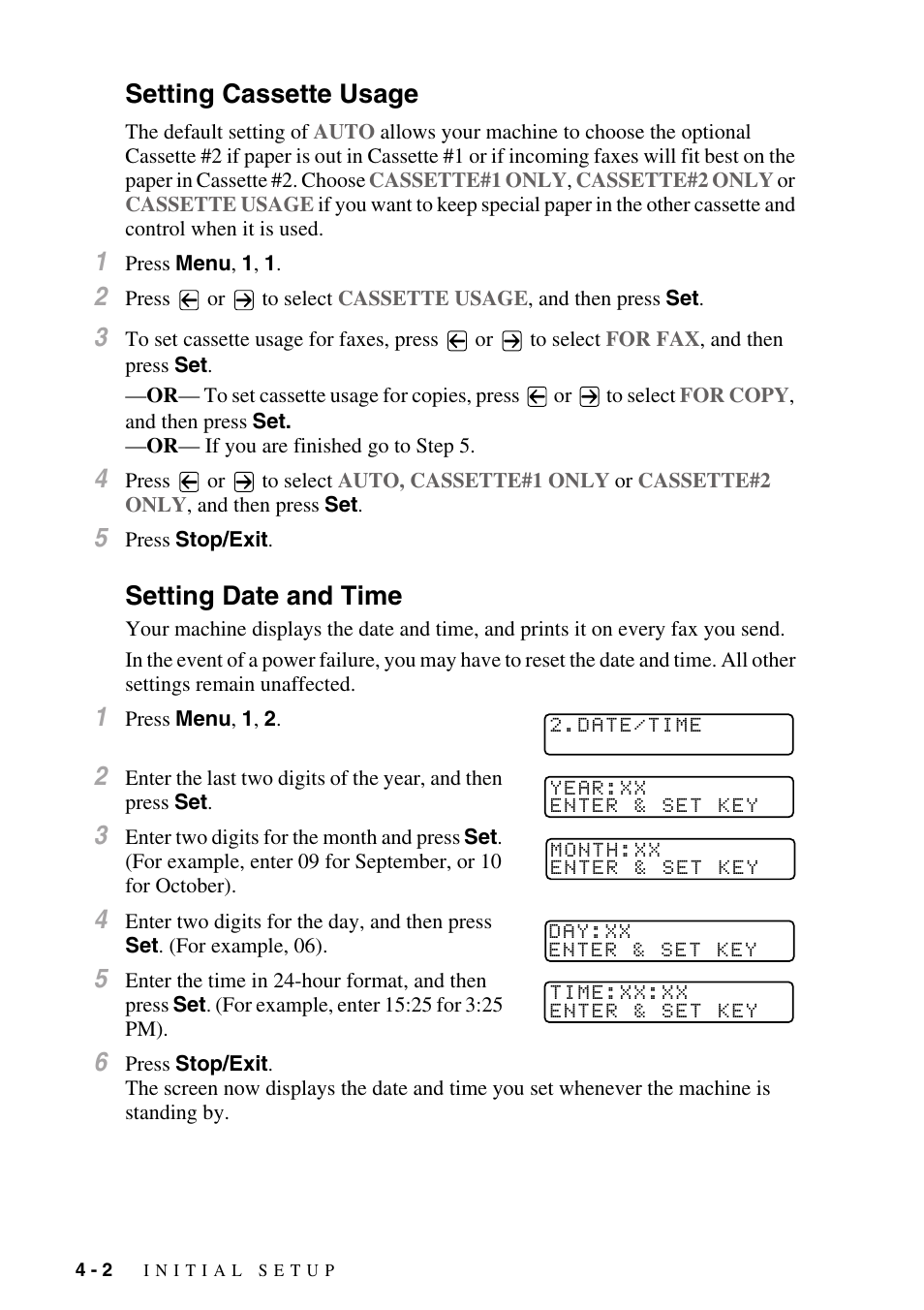 Setting cassette usage, Setting date and time, Setting cassette usage -2 setting date and time -2 | Brother MFC-8500 User Manual | Page 50 / 234