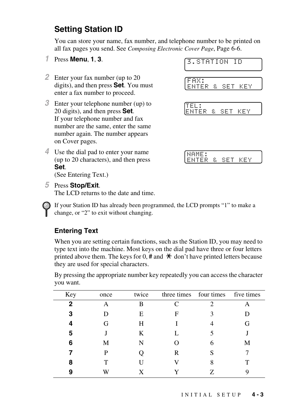 Setting station id, Entering text, Setting station id -3 | Entering text -3, Setting, Station id | Brother MFC-8500 User Manual | Page 51 / 234