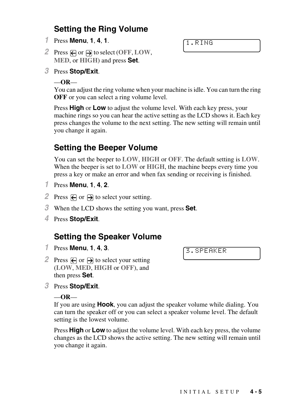 Setting the ring volume, Setting the beeper volume, Setting the speaker volume | Setting the ring volume 1, Setting the speaker volume 1 | Brother MFC-8500 User Manual | Page 53 / 234