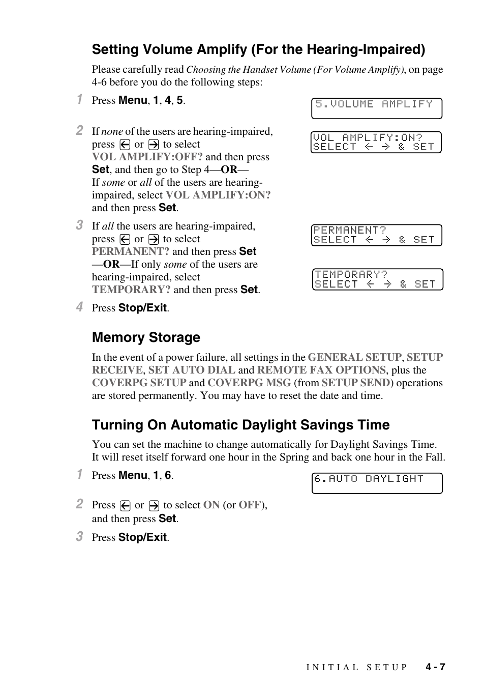 Setting volume amplify (for the hearing-impaired), Memory storage, Turning on automatic daylight savings time | Brother MFC-8500 User Manual | Page 55 / 234