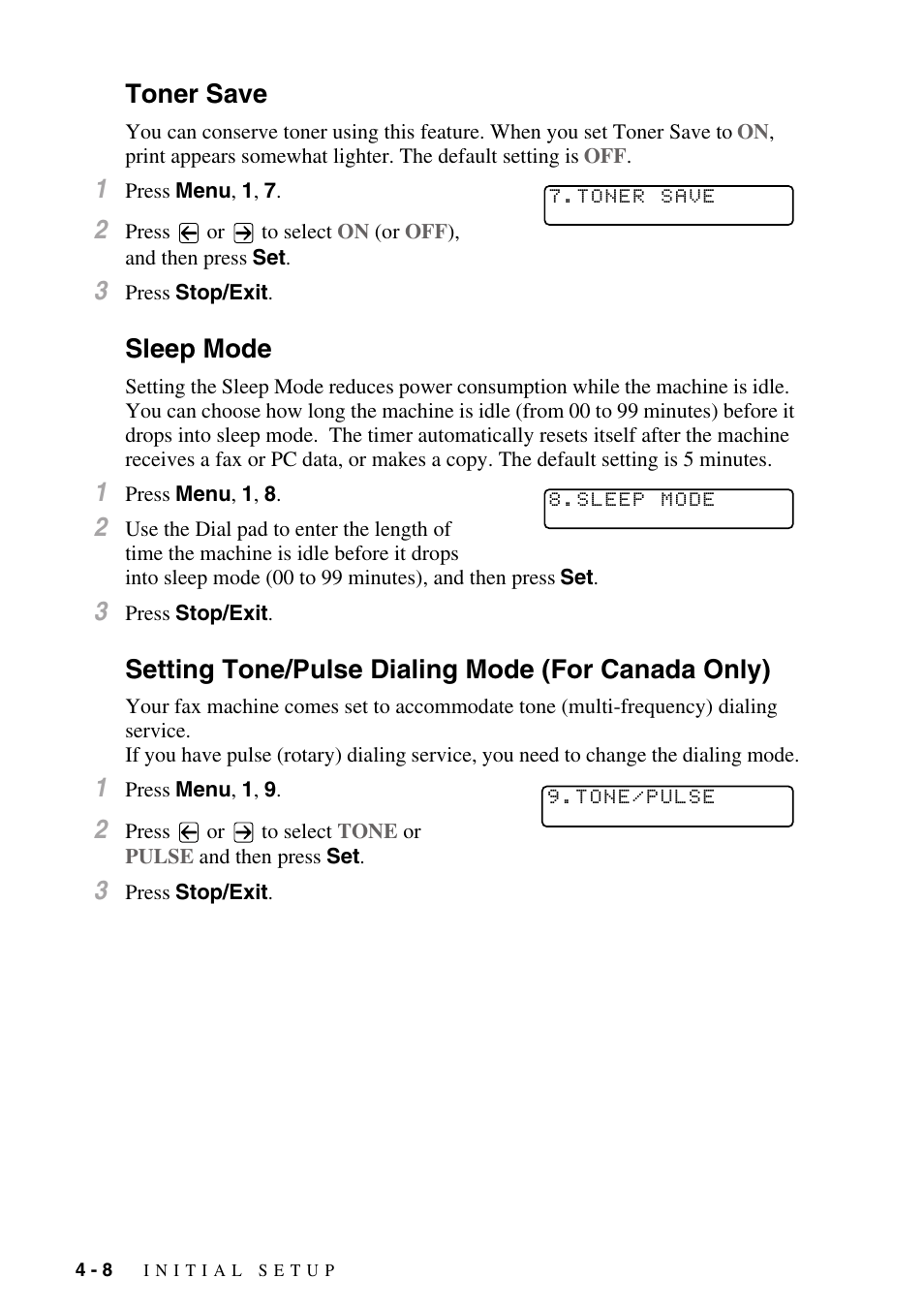 Toner save, Sleep mode, Setting tone/pulse dialing mode (for canada only) | Toner save -8 sleep mode -8 | Brother MFC-8500 User Manual | Page 56 / 234