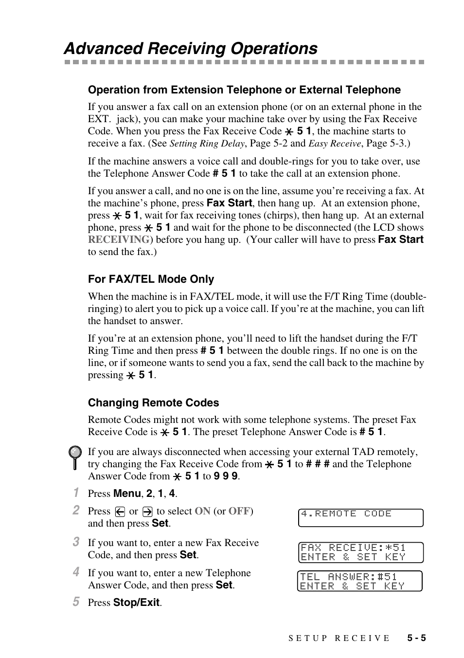 Advanced receiving operations, For fax/tel mode only, Changing remote codes | Advanced receiving operations -5, Operation from extension telephone or external, Telephone -5, For fax/tel mode only -5 changing remote codes -5, For fax/tel mode, Only, For fax/tel | Brother MFC-8500 User Manual | Page 61 / 234