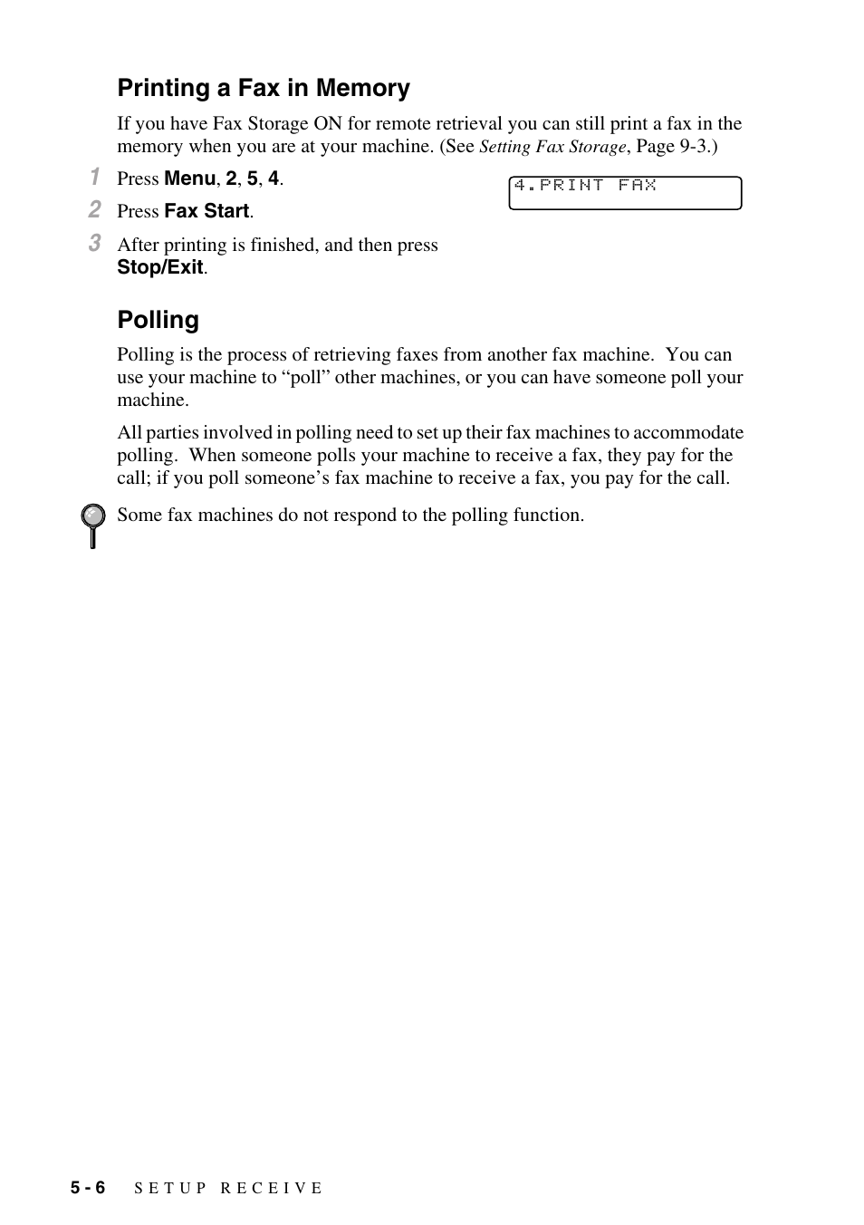 Printing a fax in memory, Polling, Printing a fax in memory -6 polling -6 | Brother MFC-8500 User Manual | Page 62 / 234