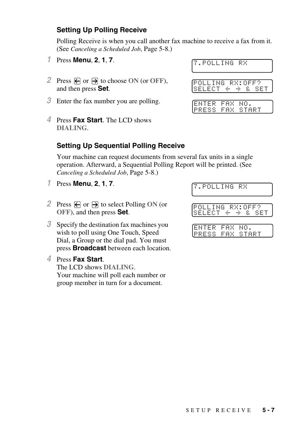 Setting up polling receive, Setting up sequential polling receive | Brother MFC-8500 User Manual | Page 63 / 234