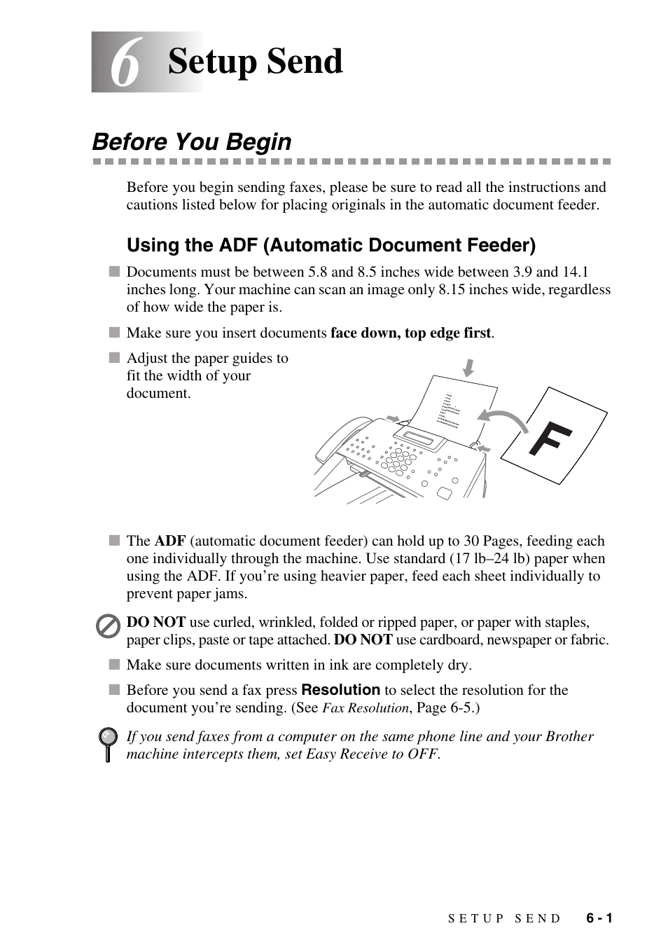 6 setup send, Before you begin, Using the adf (automatic document feeder) | Setup send -1, Before you begin -1, Using the adf (automatic document feeder) -1, Setup send | Brother MFC-8500 User Manual | Page 65 / 234