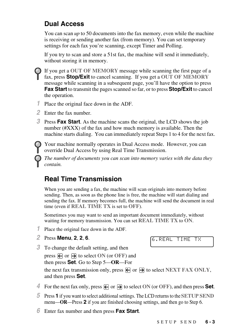 Dual access, Real time transmission, Dual access -3 real time transmission -3 | Real, Time transmission | Brother MFC-8500 User Manual | Page 67 / 234
