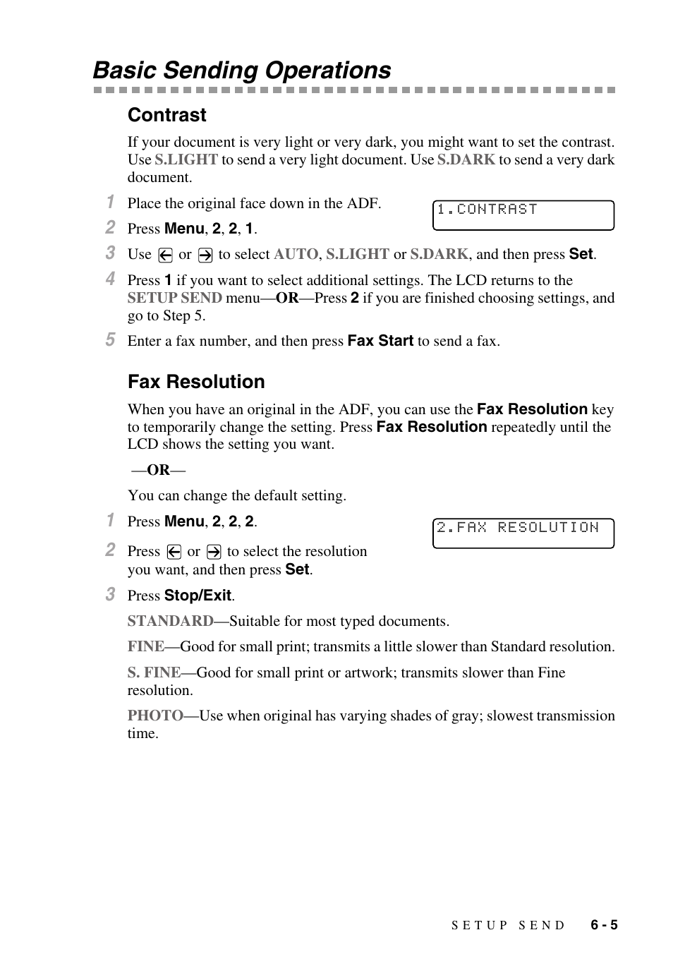 Basic sending operations, Contrast, Fax resolution | Basic sending operations -5, Contrast -5 fax resolution -5 | Brother MFC-8500 User Manual | Page 69 / 234