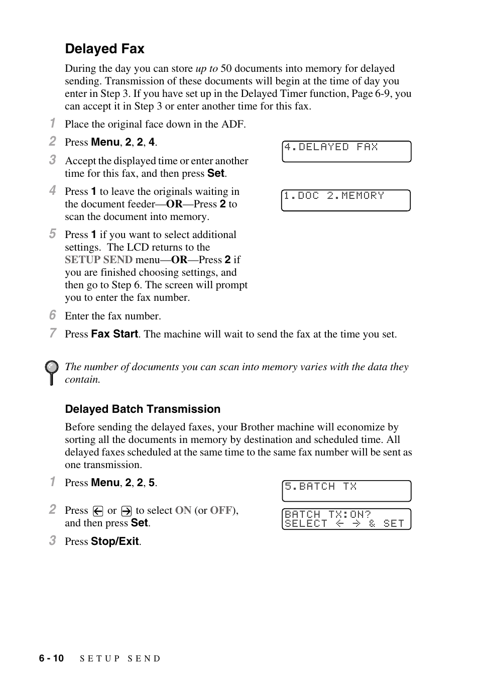 Delayed fax, Delayed batch transmission, Delayed fax -10 | Delayed batch transmission -10 | Brother MFC-8500 User Manual | Page 74 / 234