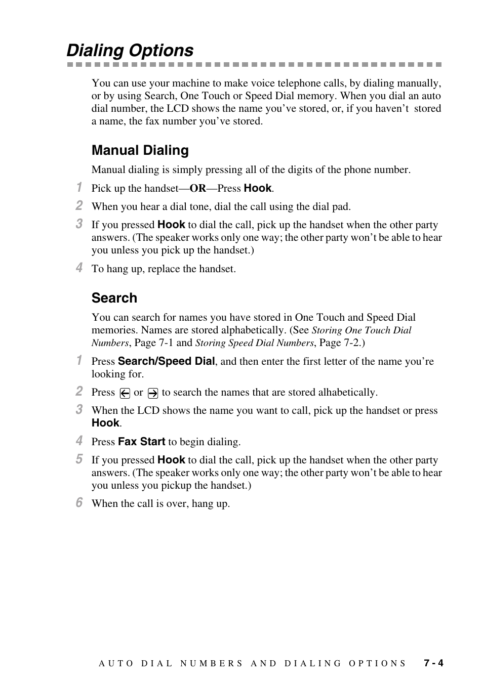 Dialing options, Manual dialing, Search | Dialing options -4, Manual dialing -4 search -4 | Brother MFC-8500 User Manual | Page 79 / 234
