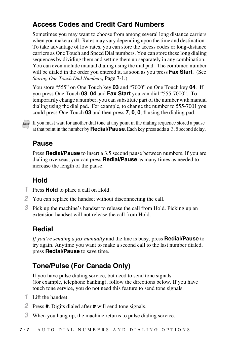 Access codes and credit card numbers, Pause, Hold | Redial, Tone/pulse (for canada only), Hold 1 | Brother MFC-8500 User Manual | Page 82 / 234