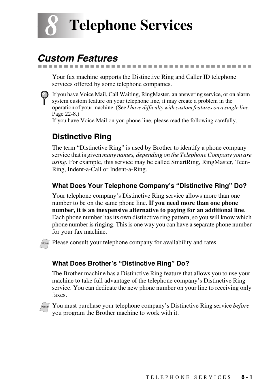 8 telephone services, Custom features, Distinctive ring | What does brother’s “distinctive ring” do, Telephone services -1, Custom features -1, Distinctive ring -1, What does your telephone company’s, Distinctive ring” do? -1, What does brother’s “distinctive ring” do? -1 | Brother MFC-8500 User Manual | Page 83 / 234