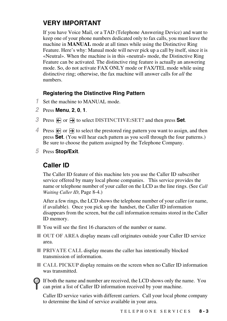 Very important, Registering the distinctive ring pattern, Caller id | Very important -3, Registering the distinctive ring pattern -3, Caller id -3 | Brother MFC-8500 User Manual | Page 85 / 234