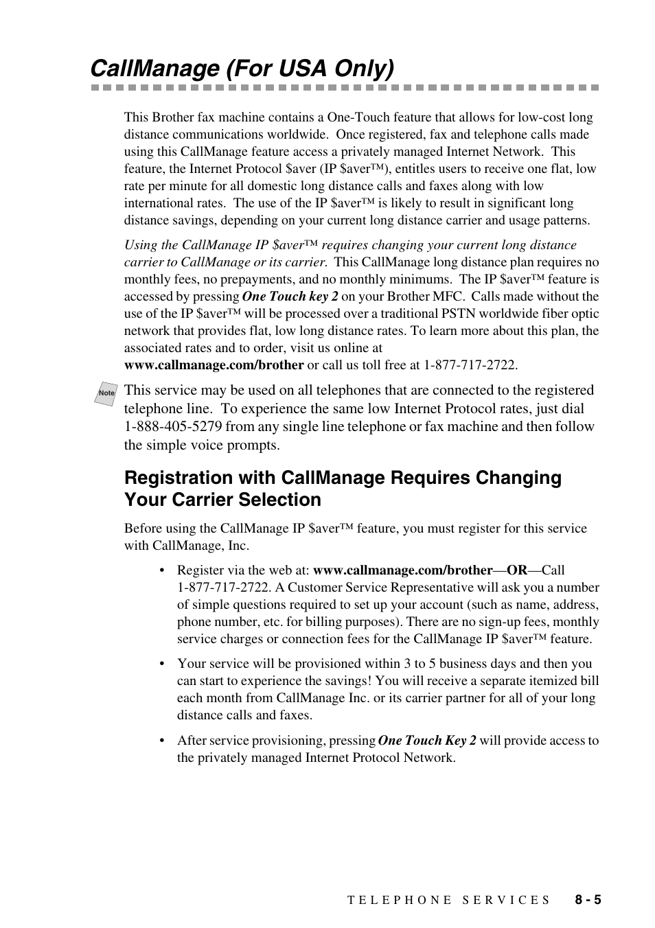 Callmanage (for usa only), Callmanage (for usa only) -5, Registration with callmanage requires changing | Your carrier selection -5 | Brother MFC-8500 User Manual | Page 87 / 234