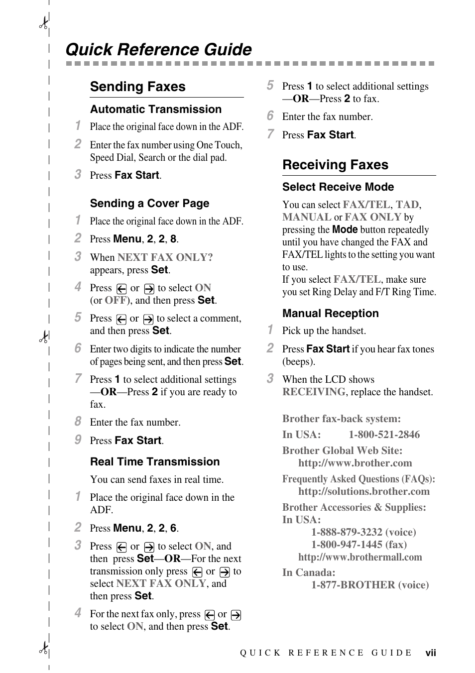 Quick reference guide, Sending faxes, Automatic transmission | Real time transmission, Receiving faxes, Select receive mode, Manual reception | Brother MFC-8500 User Manual | Page 9 / 234