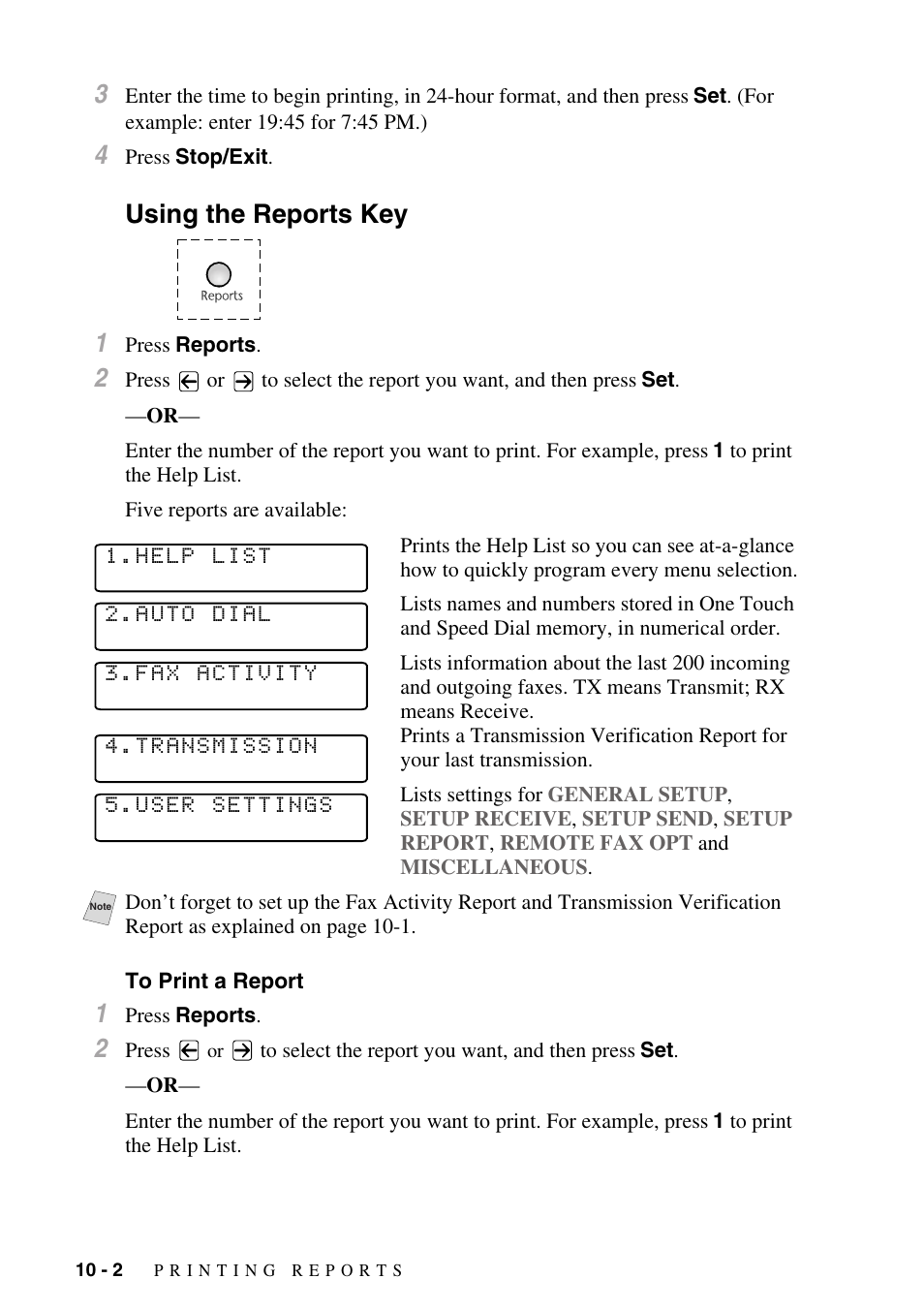 Using the reports key, To print a report, Using the reports key -2 | To print a report -2, Using the reports key 1 | Brother MFC-8500 User Manual | Page 96 / 234