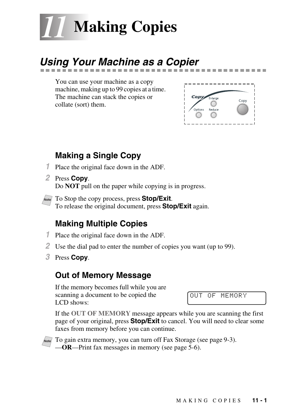 11 making copies, Using your machine as a copier, Making a single copy | Making multiple copies, Out of memory message, Making copies -1, Using your machine as a copier -1, Making copies | Brother MFC-8500 User Manual | Page 97 / 234