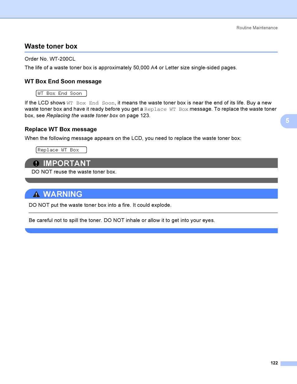 Waste toner box, Wt box end soon message, Replace wt box message | Important, Warning, 5waste toner box, Replace wt box, Do not reuse the waste toner box | Brother HL 3070CW User Manual | Page 132 / 200