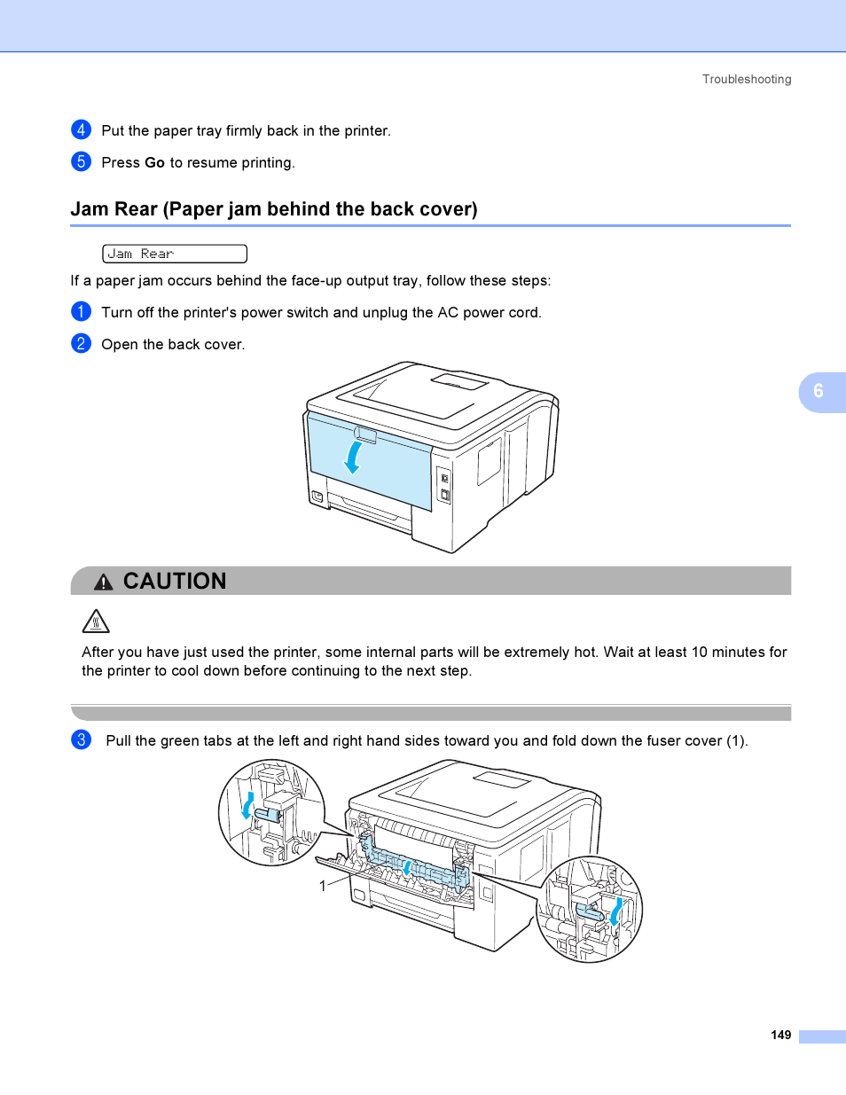 Jam rear (paper jam behind the back cover), Caution | Brother HL 3070CW User Manual | Page 159 / 200