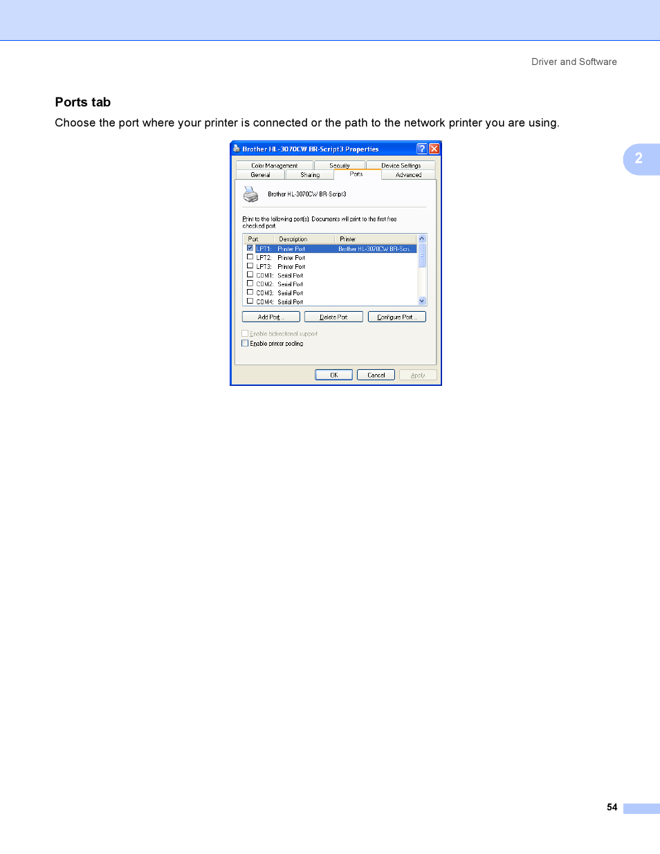 Ports tab | Brother HL 3070CW User Manual | Page 64 / 200