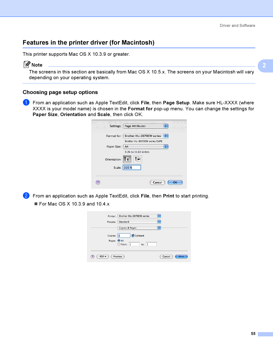 Features in the printer driver (for macintosh), 2features in the printer driver (for macintosh), Choosing page setup options | Brother HL 3070CW User Manual | Page 65 / 200