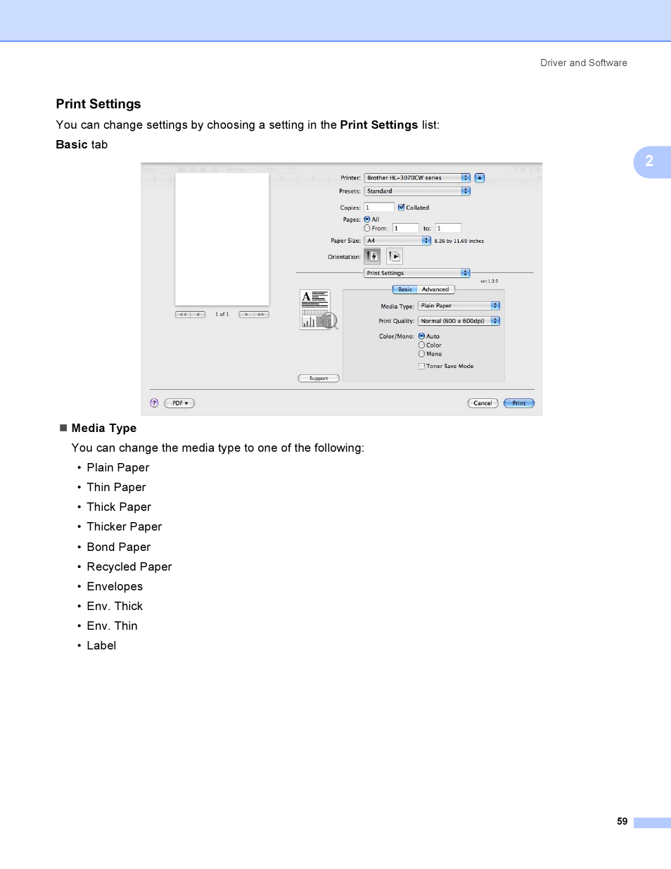 Print settings | Brother HL 3070CW User Manual | Page 69 / 200