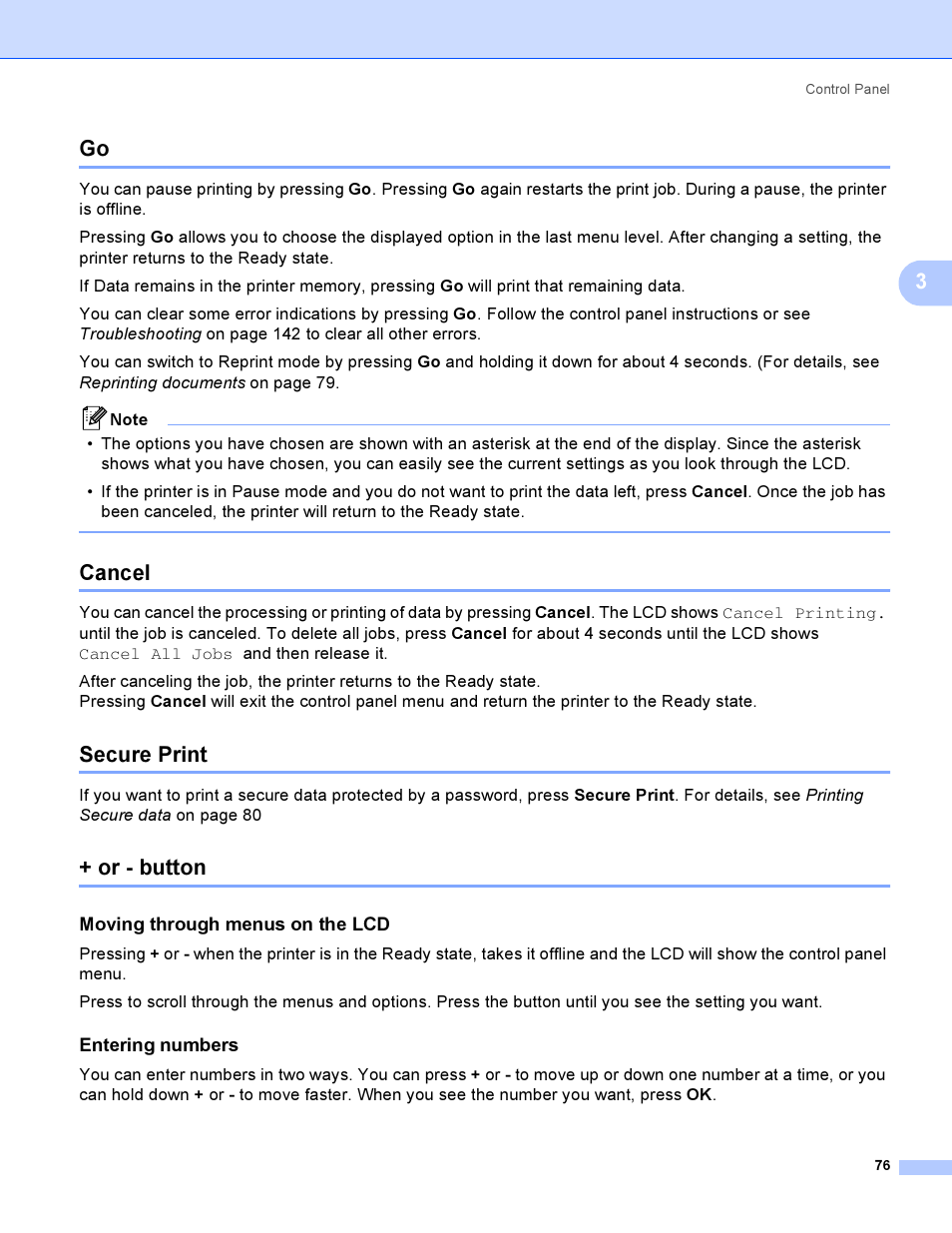 Cancel, Secure print, Or - button | Moving through menus on the lcd, Entering numbers, Go cancel secure print + or - button | Brother HL 3070CW User Manual | Page 86 / 200