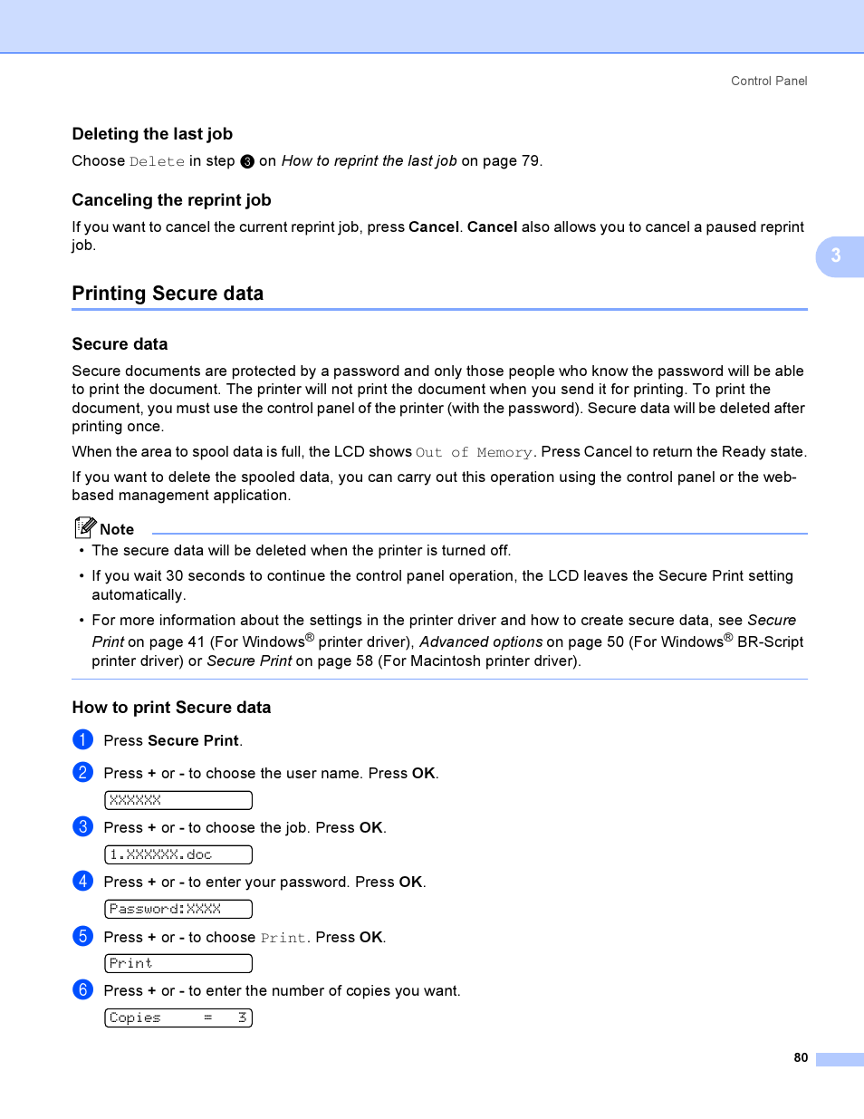 Deleting the last job, Canceling the reprint job, Printing secure data | Secure data, How to print secure data | Brother HL 3070CW User Manual | Page 90 / 200