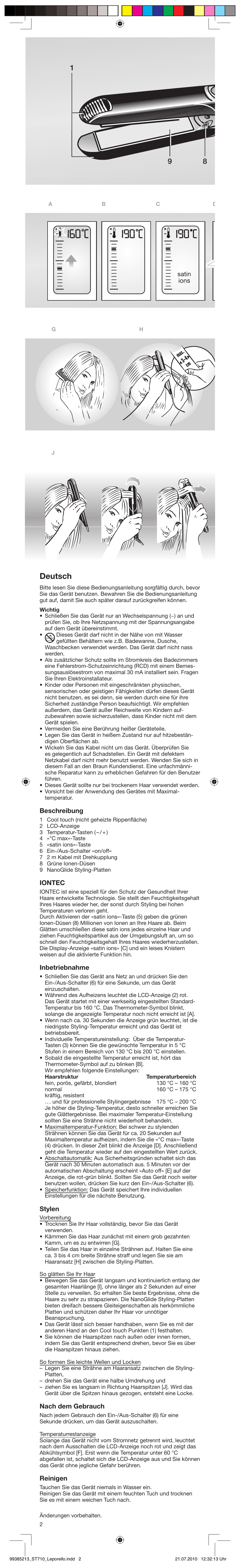 Deutsch, Beschreibung, Iontec | Inbetriebnahme, Stylen, Nach dem gebrauch, Reinigen | Braun ST710 Satin Hair 7 User Manual | Page 2 / 23