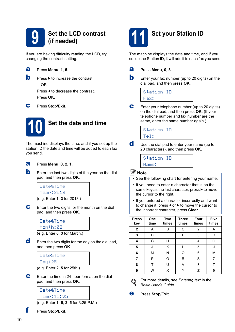 9 set the lcd contrast (if needed), 10 set the date and time, 11 set your station id | Set the lcd contrast (if needed), Set the date and time, Set your station id | Brother FAX-2840 User Manual | Page 10 / 15