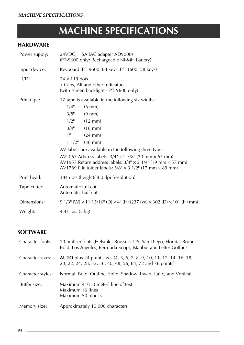 Machine specifications, Hardware software | Brother PT-3600 User Manual | Page 106 / 212