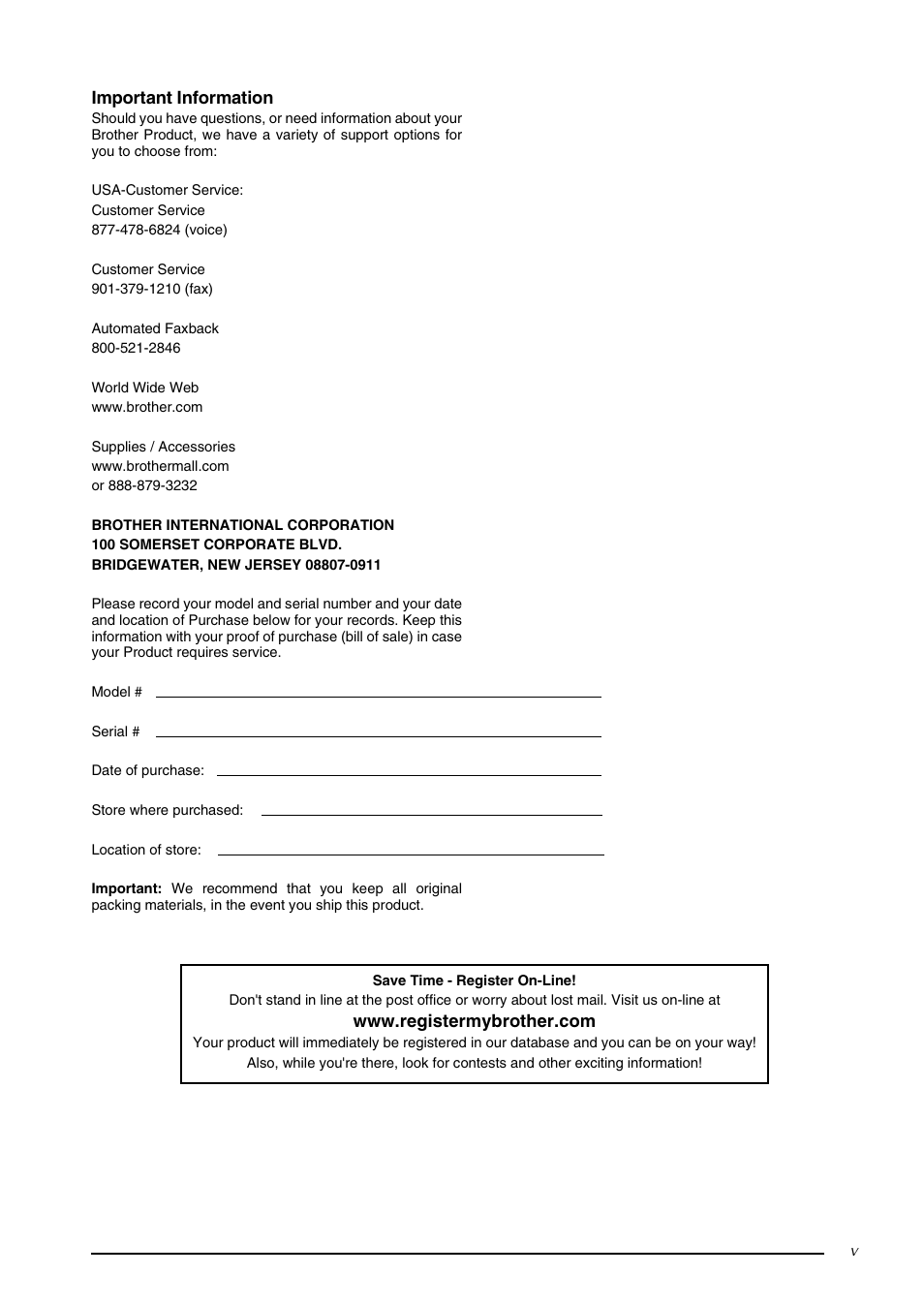 Important information, Usa-customer service, Customer service | 478-6824 (voice), 379-1210 (fax), Automated faxback, World wide web, Www.brother.com, Supplies / accessories, Www.brothermall.com | Brother PT-3600 User Manual | Page 11 / 212