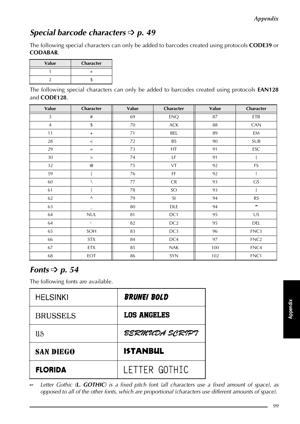 Special barcode characters fonts, Special barcode characters ➩ p. 49, Fonts ➩ p. 54 | Brother PT-3600 User Manual | Page 111 / 212