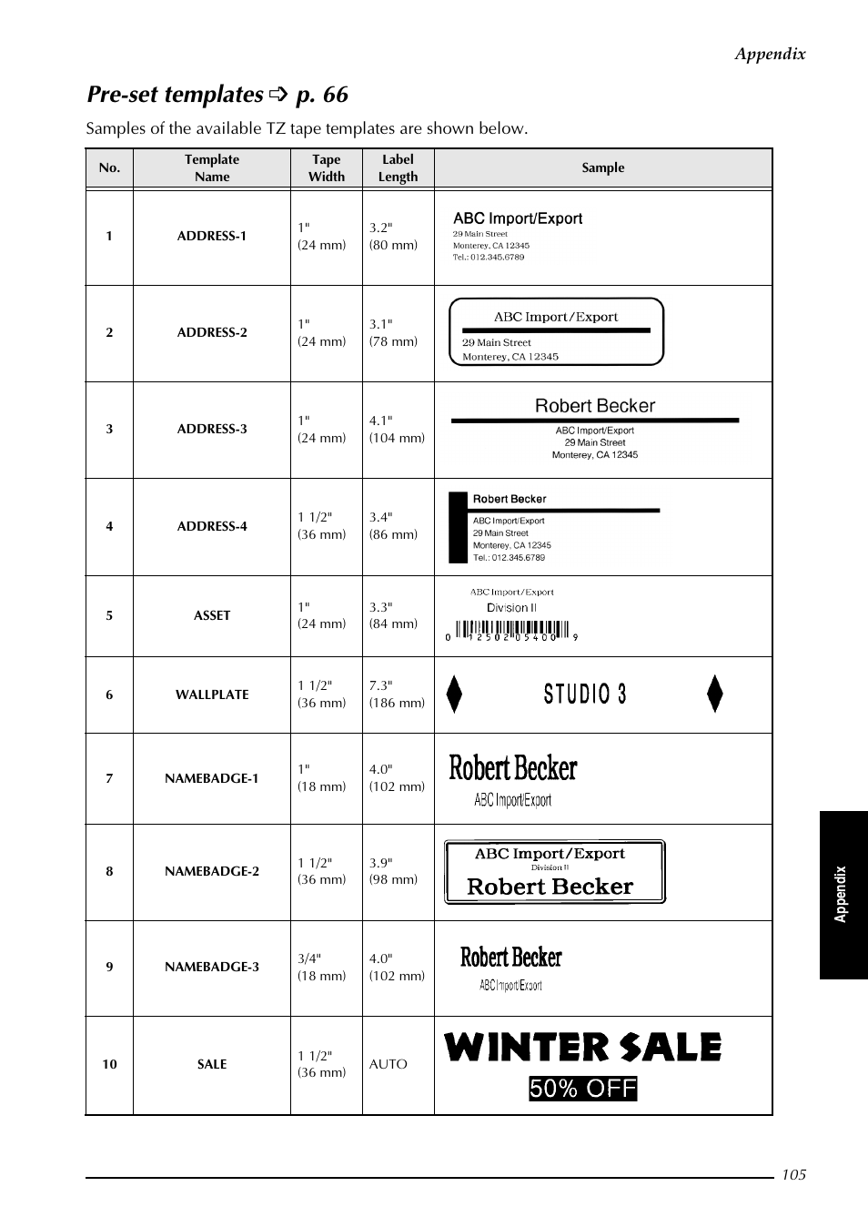 Pre-set templates, Pre-set templates ➩ p. 66 | Brother PT-3600 User Manual | Page 117 / 212