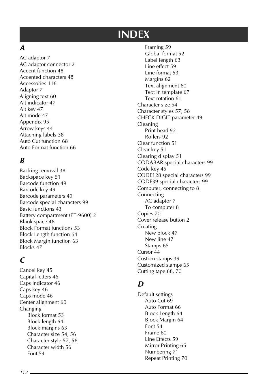 Index | Brother PT-3600 User Manual | Page 124 / 212