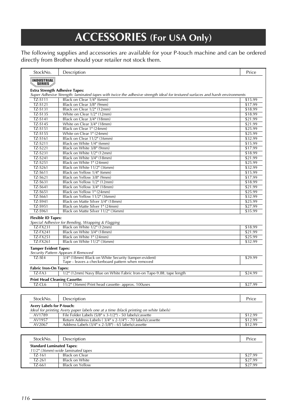 Accessories (for usa only), Accessories 116, Stamp kits 116 | Supplies 116, Tapes 116, Accessories, For usa only) | Brother PT-3600 User Manual | Page 128 / 212