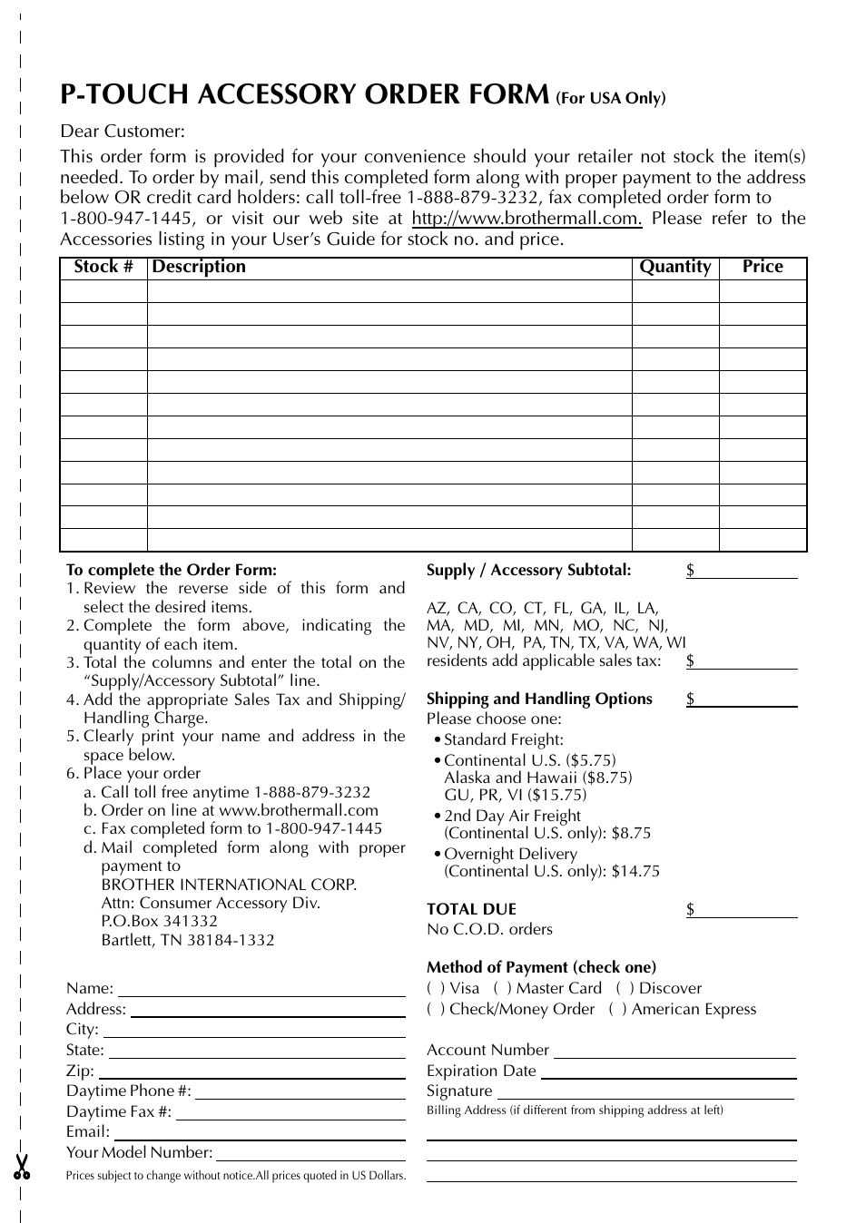 Matio n (for usa only), P-touch accessory order form | Brother PT-3600 User Manual | Page 131 / 212