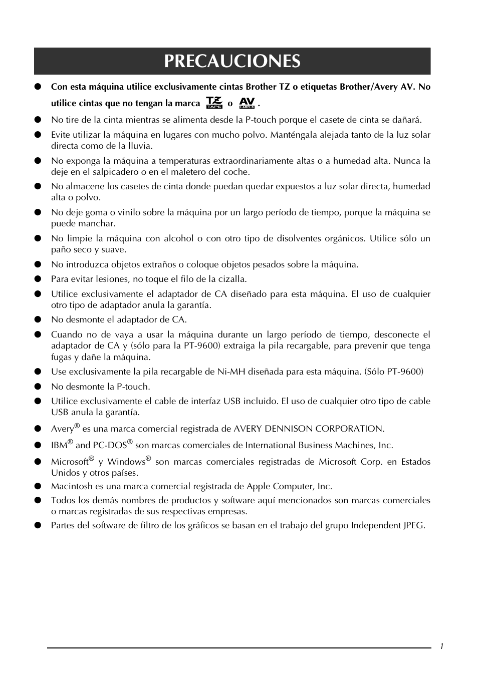 Precauciones | Brother PT-3600 User Manual | Page 139 / 212