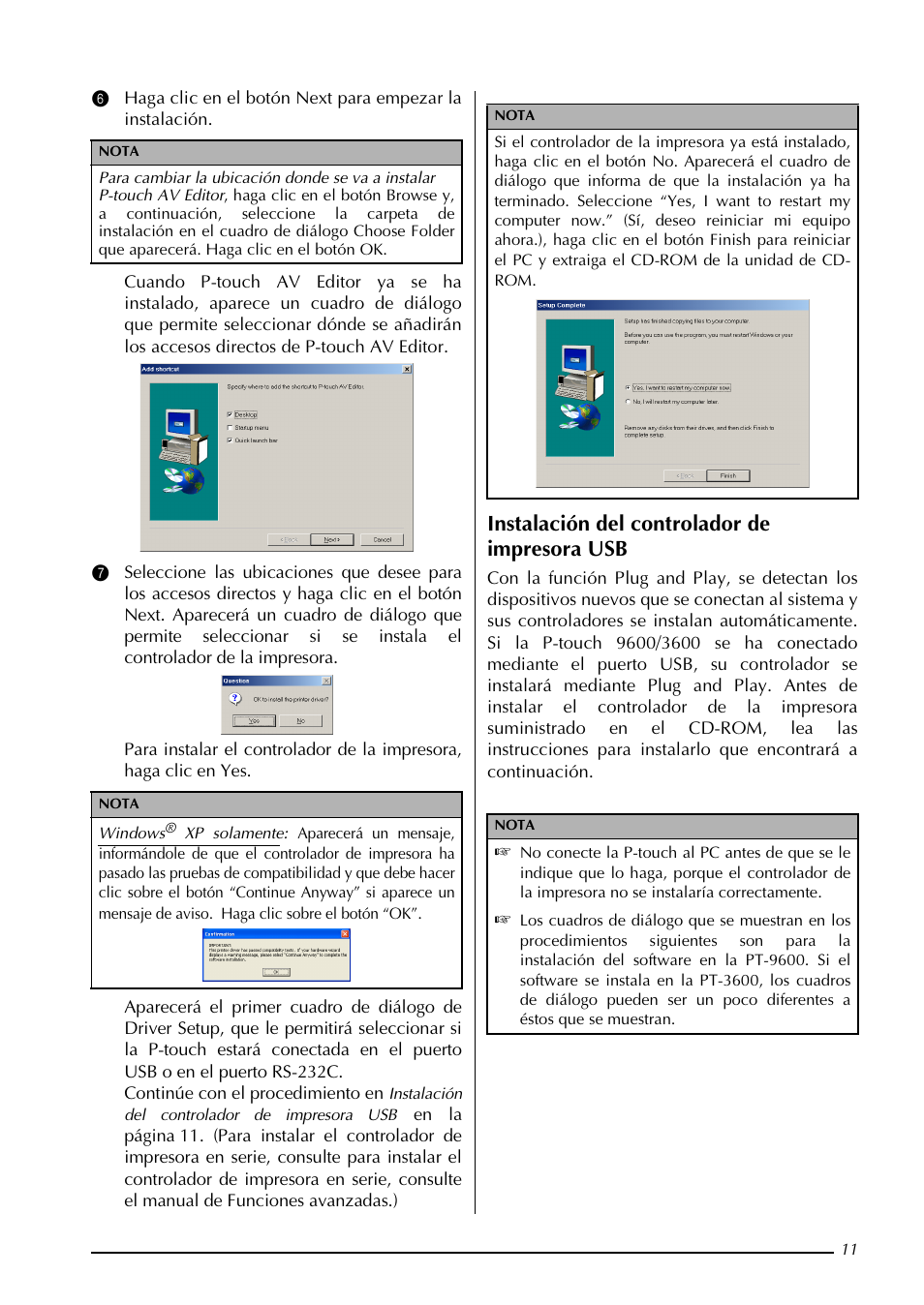 Instalación, Del controlador de impresora usb, En la | Instalación del controlador de impresora usb | Brother PT-3600 User Manual | Page 149 / 212