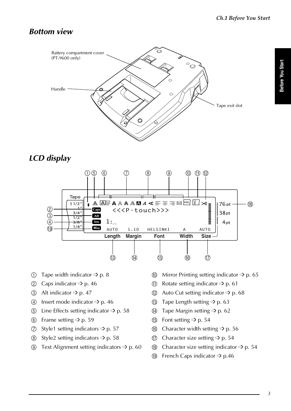 Bottom view, Lcd display, Bottom view lcd display | Brother PT-3600 User Manual | Page 15 / 212