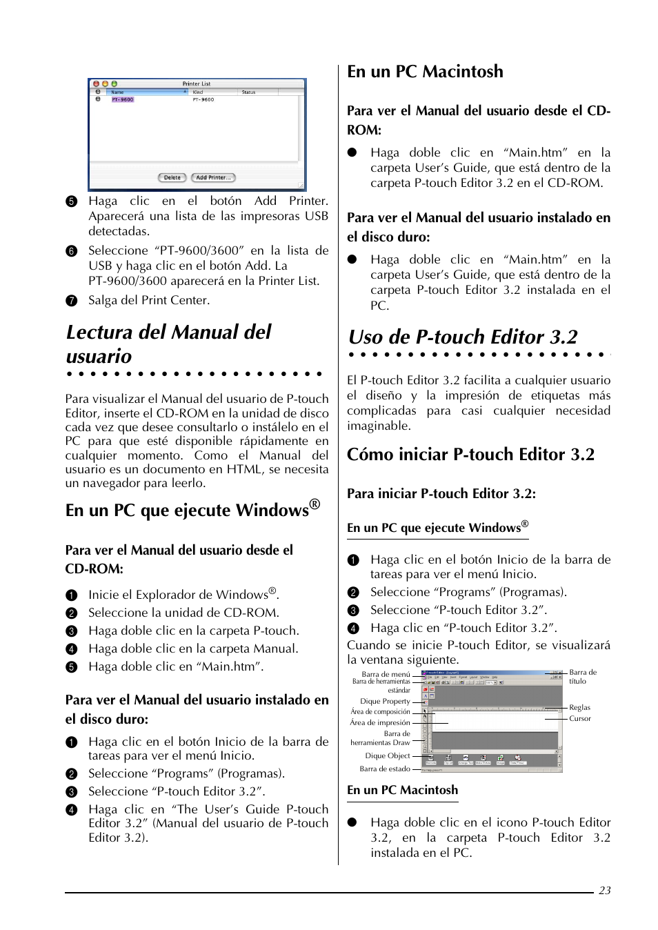 Lectura del manual del usuario, Uso de p-touch editor 3.2, Lectura del manual del | Usuario, En un pc que ejecute windows, En un pc macintosh, Cómo iniciar p-touch editor 3.2 | Brother PT-3600 User Manual | Page 161 / 212