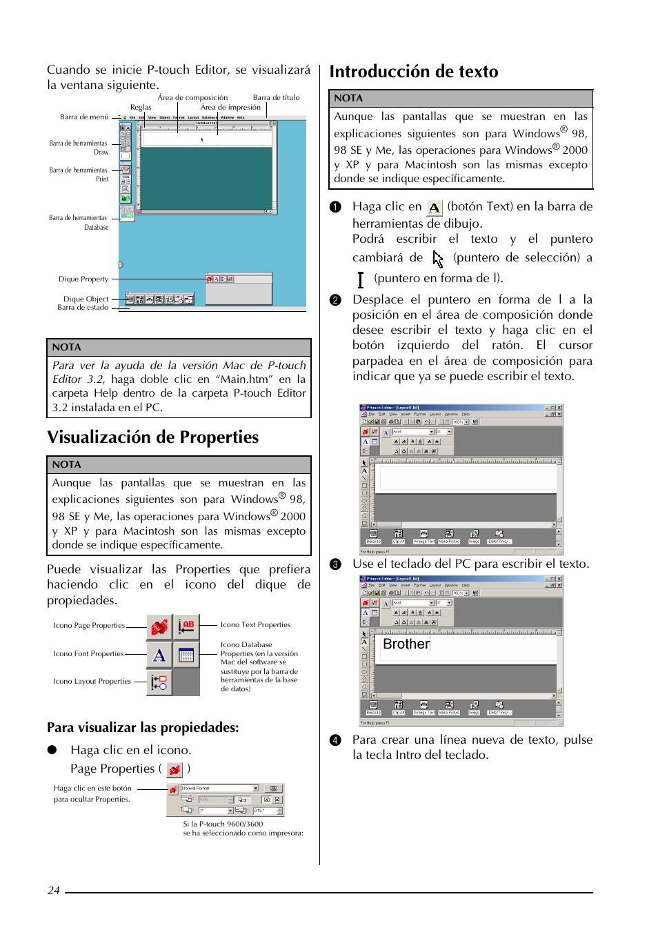 Visualización de properties, Introducción de texto, Para visualizar las propiedades | Brother PT-3600 User Manual | Page 162 / 212