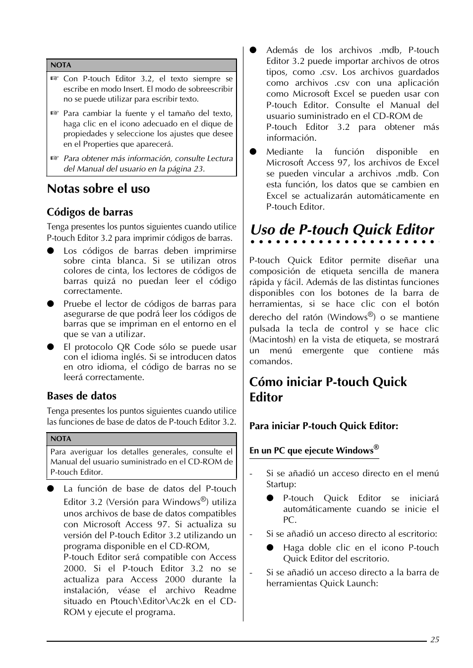 Uso de p-touch quick editor, Notas sobre el uso, Cómo iniciar p-touch quick editor | Códigos de barras, Bases de datos | Brother PT-3600 User Manual | Page 163 / 212