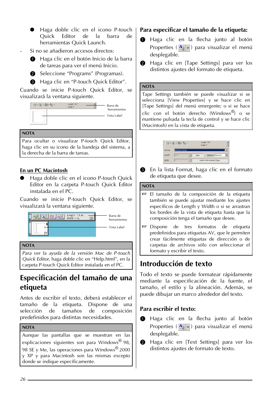 Especificación del tamaño de una etiqueta, Introducción de texto | Brother PT-3600 User Manual | Page 164 / 212