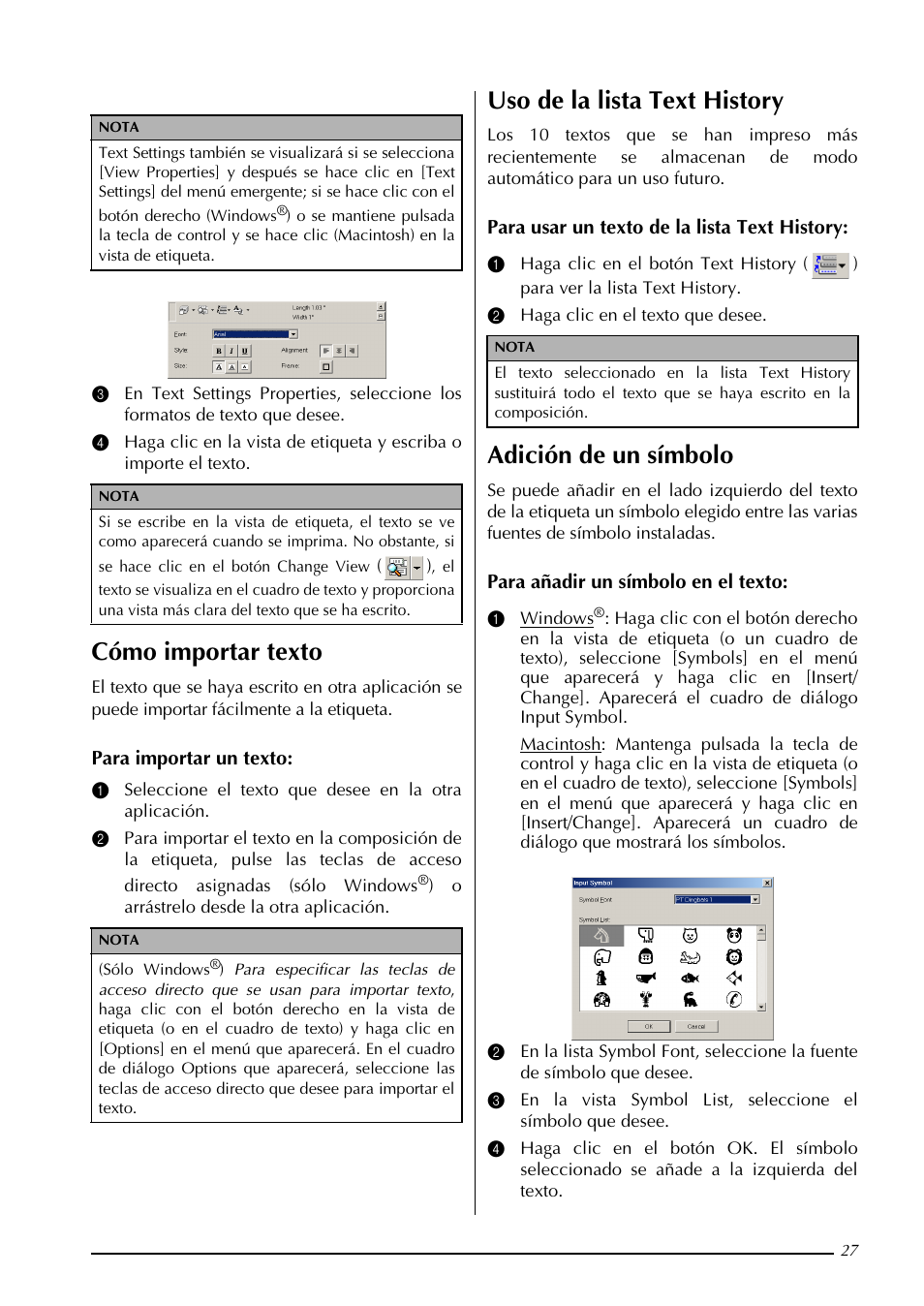 Cómo importar texto, Uso de la lista text history, Adición de un símbolo | Brother PT-3600 User Manual | Page 165 / 212