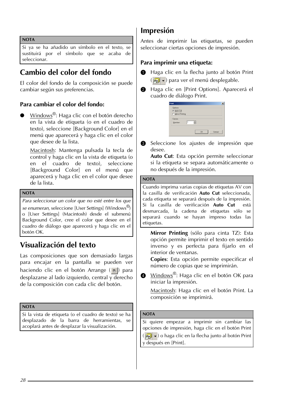 Cambio del color del fondo, Visualización del texto, Impresión | Brother PT-3600 User Manual | Page 166 / 212