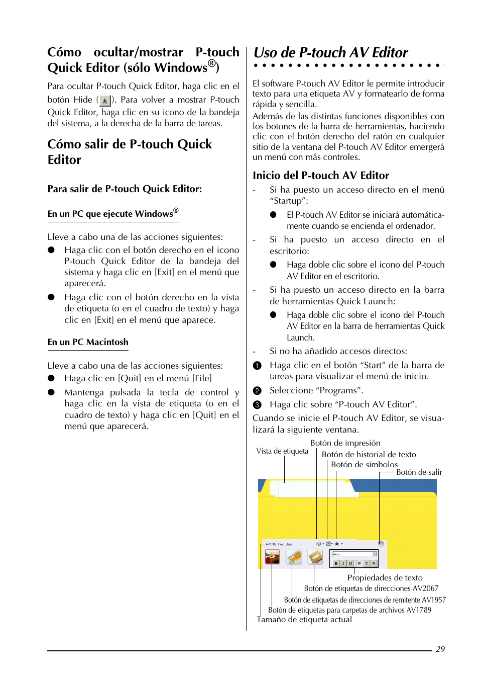 Uso de p-touch av editor, Cómo salir de p-touch quick editor, Inicio del p-touch av editor | Brother PT-3600 User Manual | Page 167 / 212