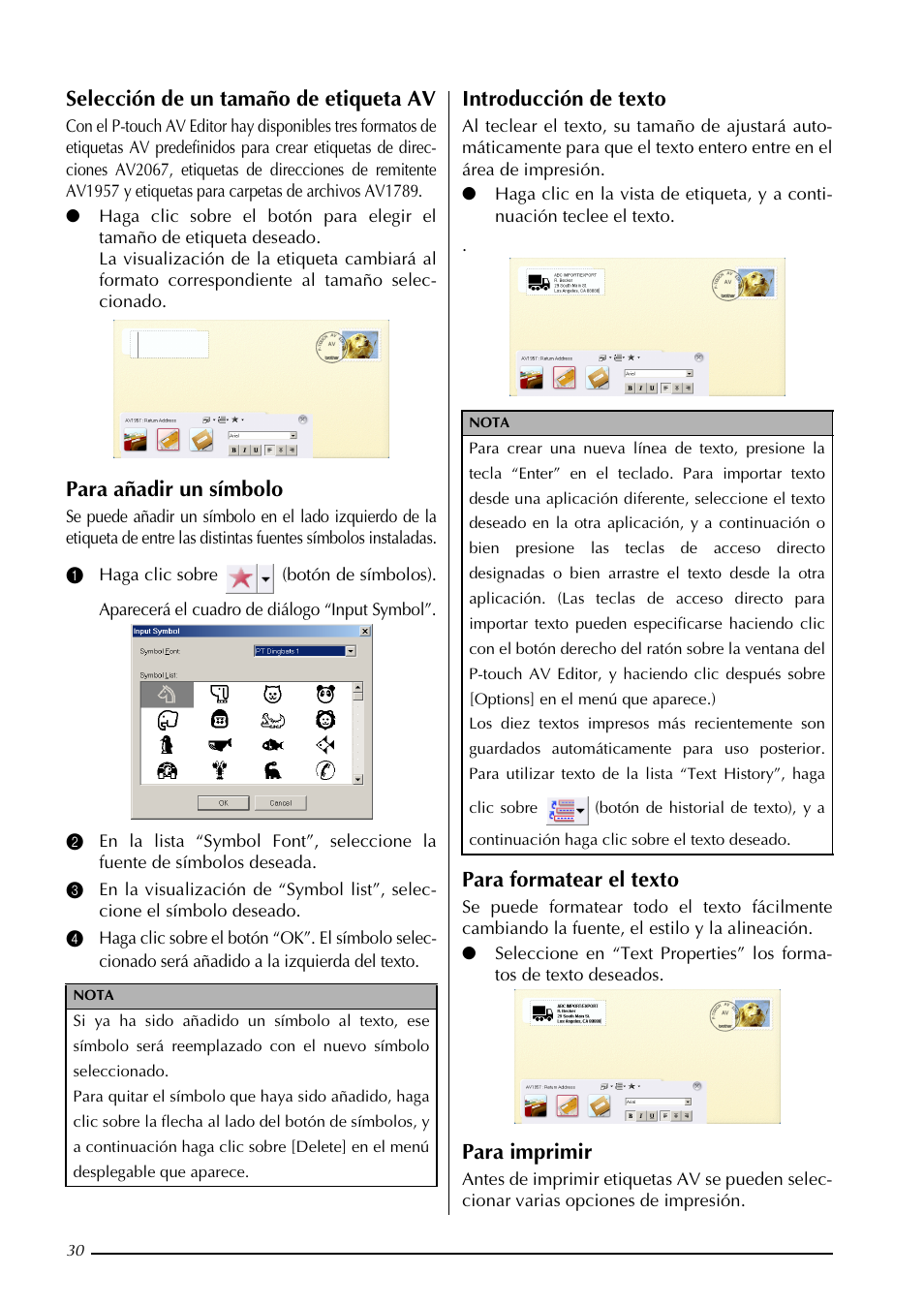 Selección de un tamaño de etiqueta av, Para añadir un símbolo, Introducción de texto | Para formatear el texto, Para imprimir | Brother PT-3600 User Manual | Page 168 / 212