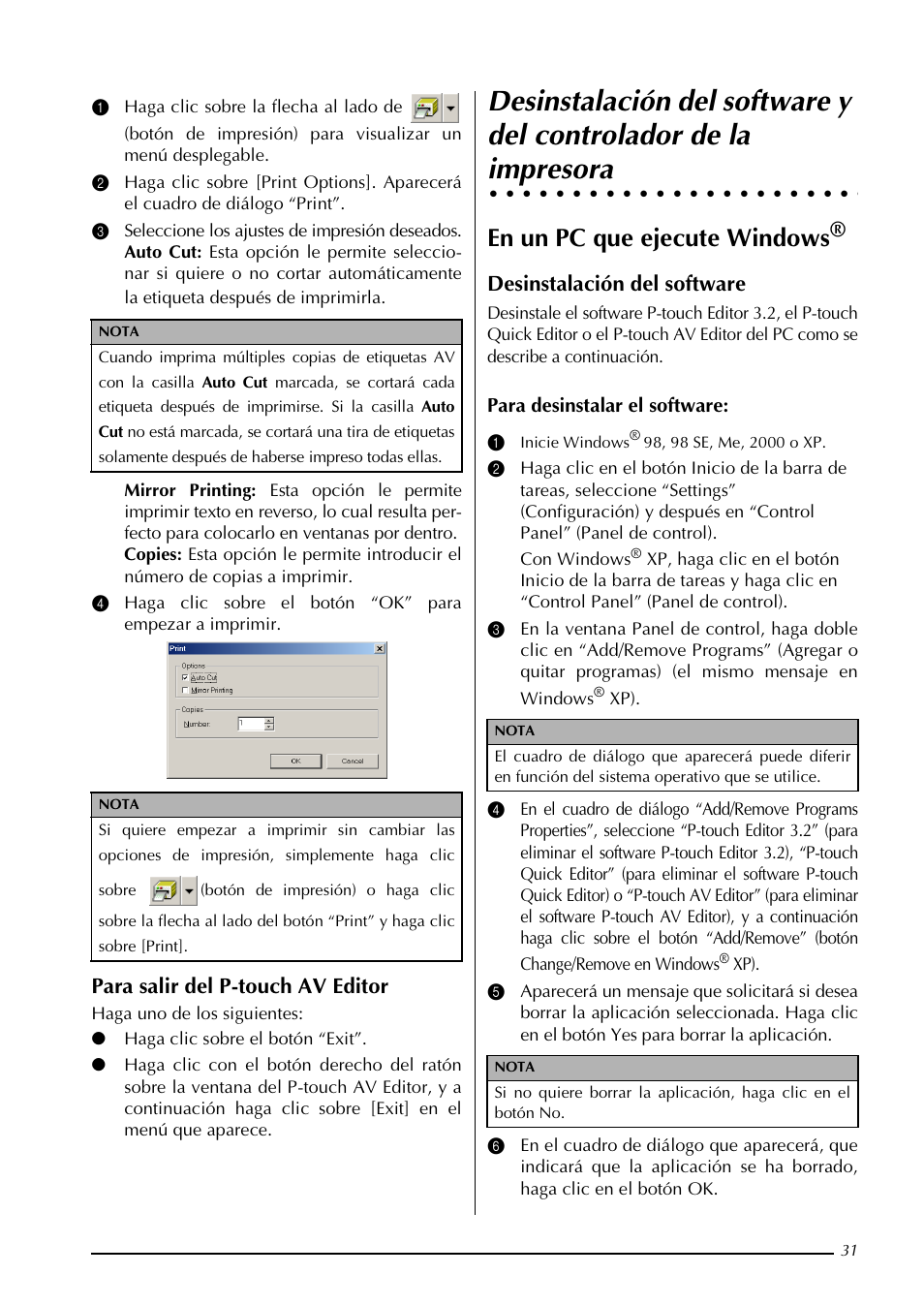 Impresora, En un pc que ejecute windows, Para salir del p-touch av editor | Desinstalación del software | Brother PT-3600 User Manual | Page 169 / 212